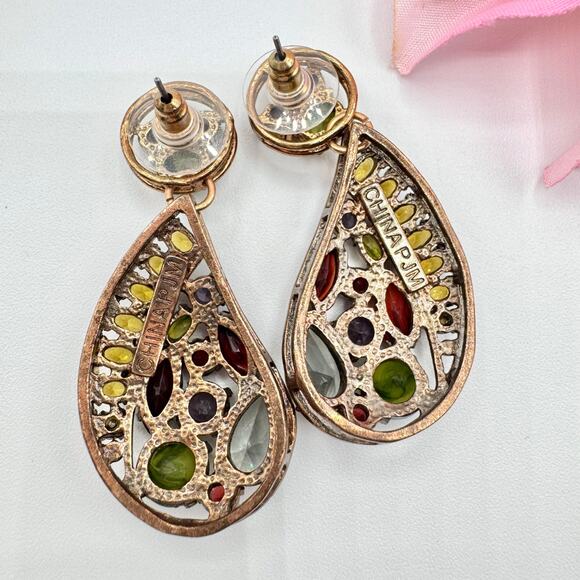 PJM China Colorful Glass Rhinestone Paisley Drop Big Statement Earrings Signed - Picture 6 of 14